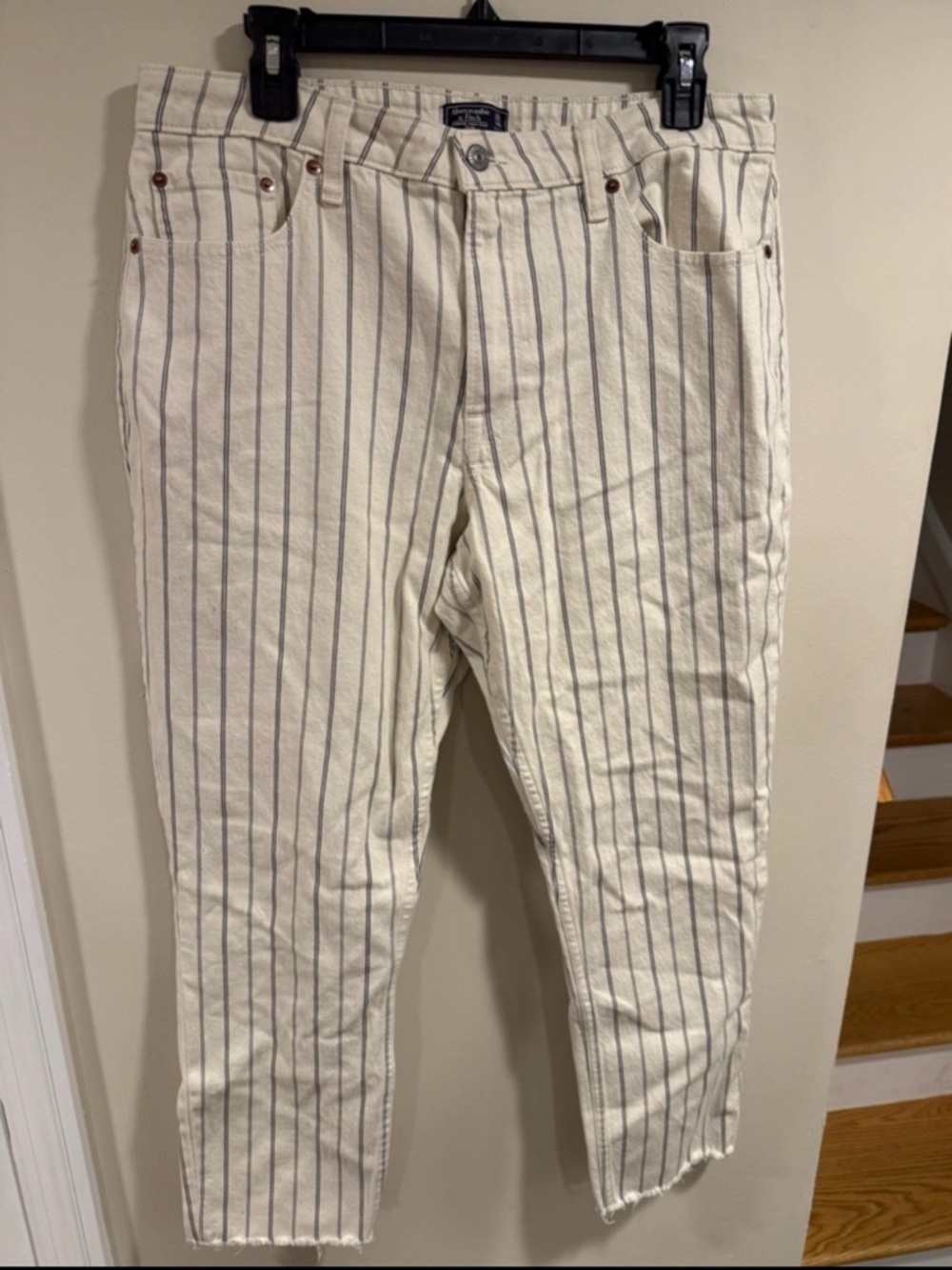 Womens Abercrombie & Fitch Jeans 32 14R Blue Stripe Raw Hem Simone High Rise